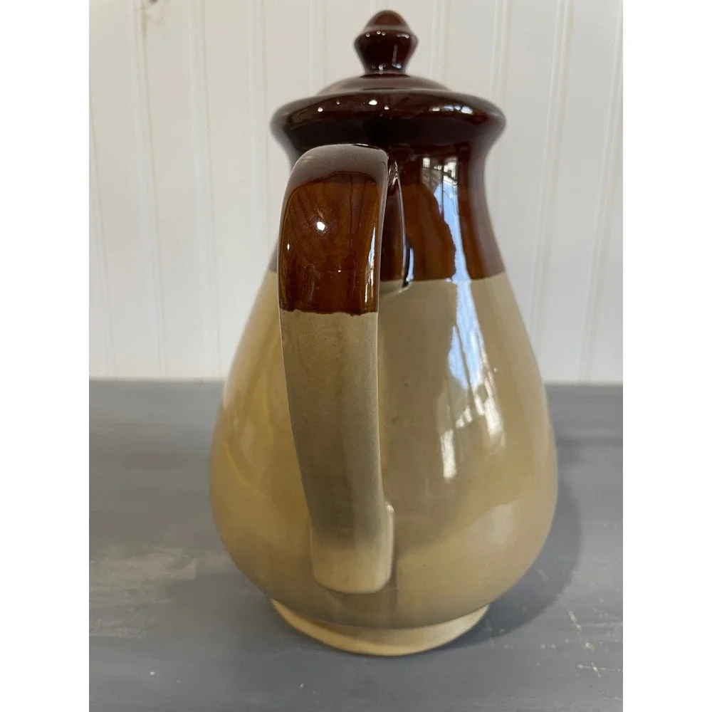 Vintage Two Tone Brown Tan Ceramic‎ Teapot Coffee Server Stoneware with Lid 9in